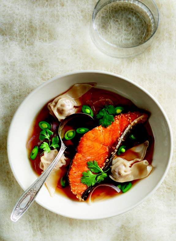 Sesame Salmon and Wonton Soup